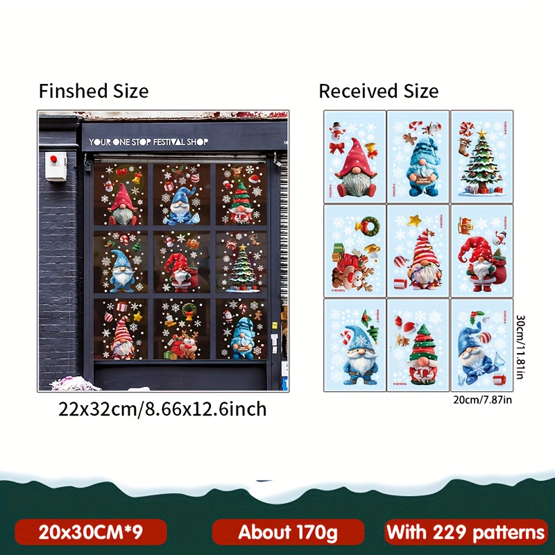 TEMU 229pcs Of Christmas Gnome Window Stickers - With Classic Snowflake Patterns, Suitable For Winter Scene Decoration Of Glass Windows - Easy To