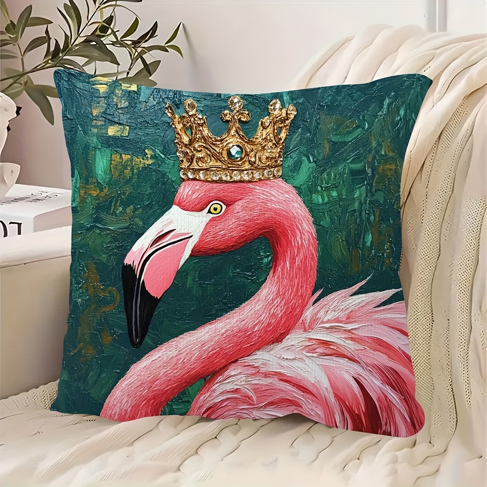 TEMU 1pc 2d Printed Pillowcase, Flamingo With Crown Acrylic Non-embroidered Decorative Cushion Cover, 45.72x45.72cm, Suitable For Various Room Types,