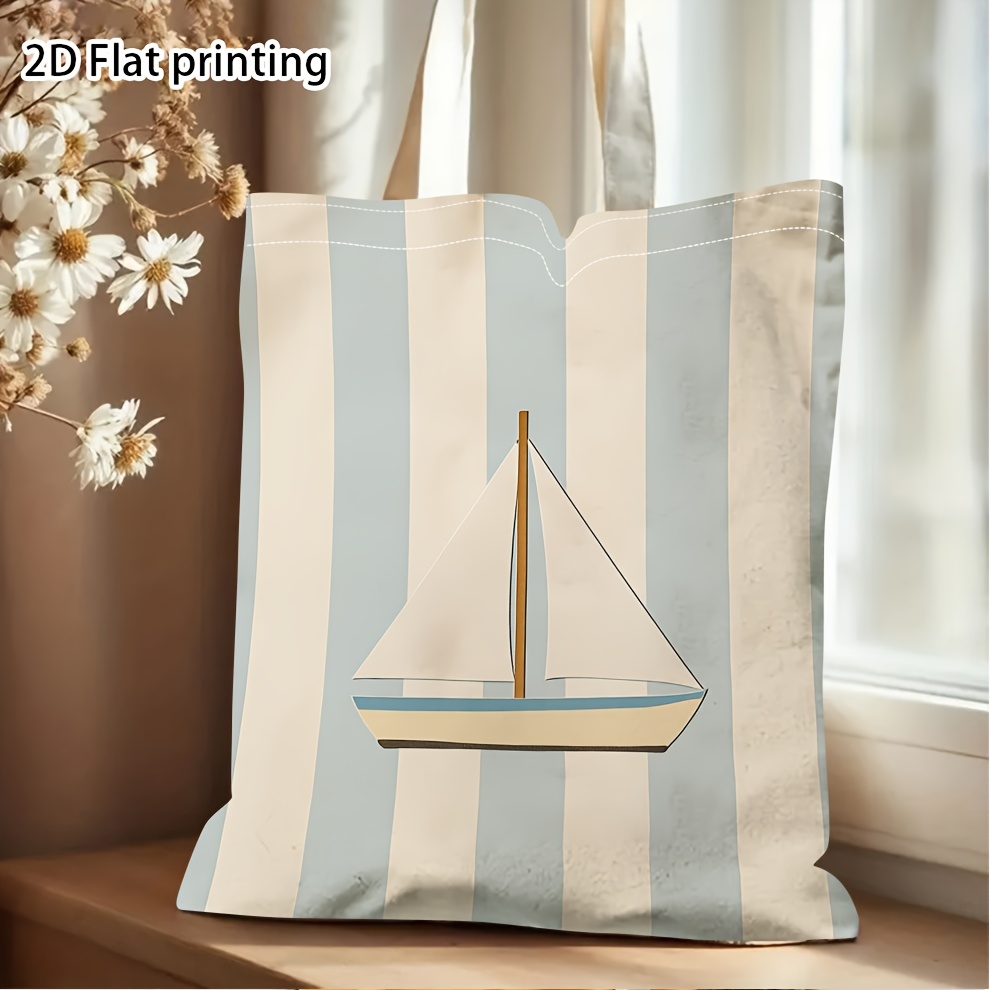 TEMU Bolsa tote 2D, 1 pieza, con estampado náutico de y rayas azul , regalo ideal para entusiastas del y la costa, para carreras en , y salidas de