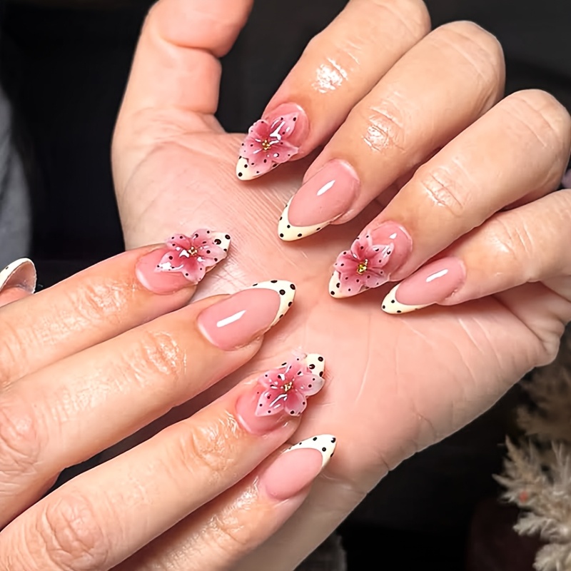 TEMU Set Of 10 Medium Almond-shaped Press-on Nails In A Nude Pink Featuring Polka Dots And 3d Pink Flowers. Glossy Full-cover Fake Nails Are Perfect