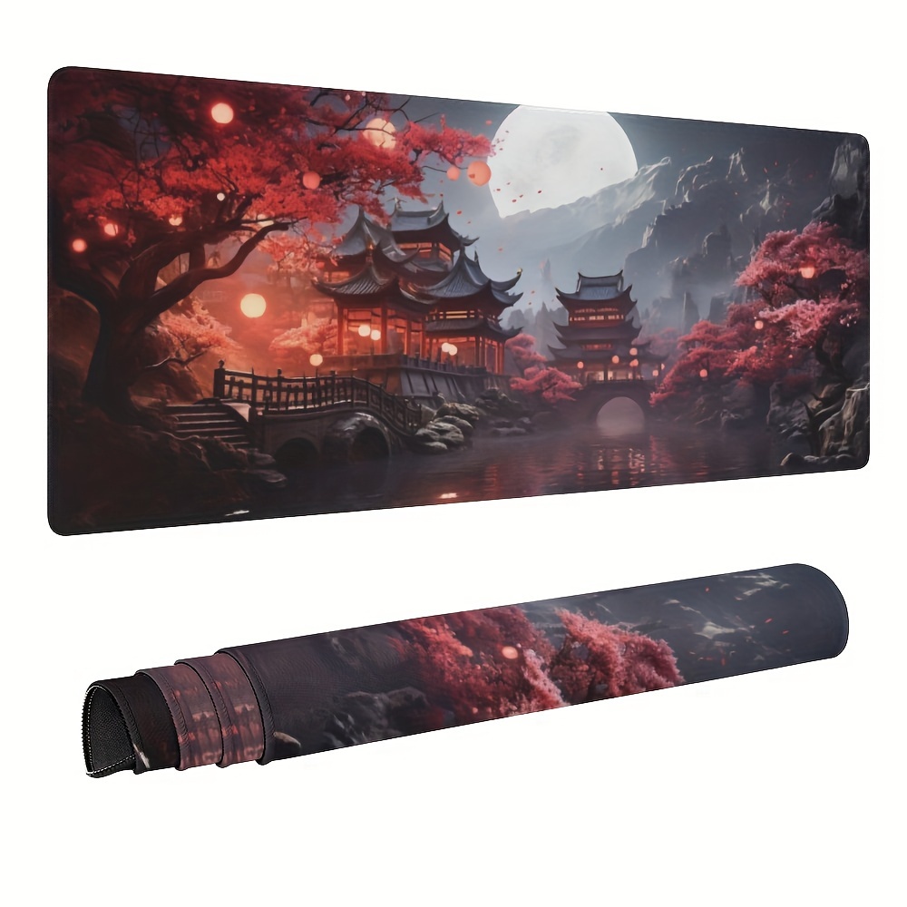 

1pc Large Desk Mat, Red Trees And A Moon, Extended Gaming Mouse Pad, Waterproof With Stitched Edges, Non-slip Desktop Pad For Home And Office, Level Up Your Workspace (15.7 X35.4in)