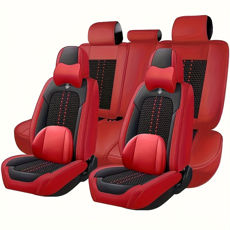 

Universal Seat Cover For 5-seater Cars, Ice Silk Slipcovers Car Seat Protectors, Soft And Cool Premium Car Interior Accessories, Deluxe - With Headrest Lumbar Support (red + Black)