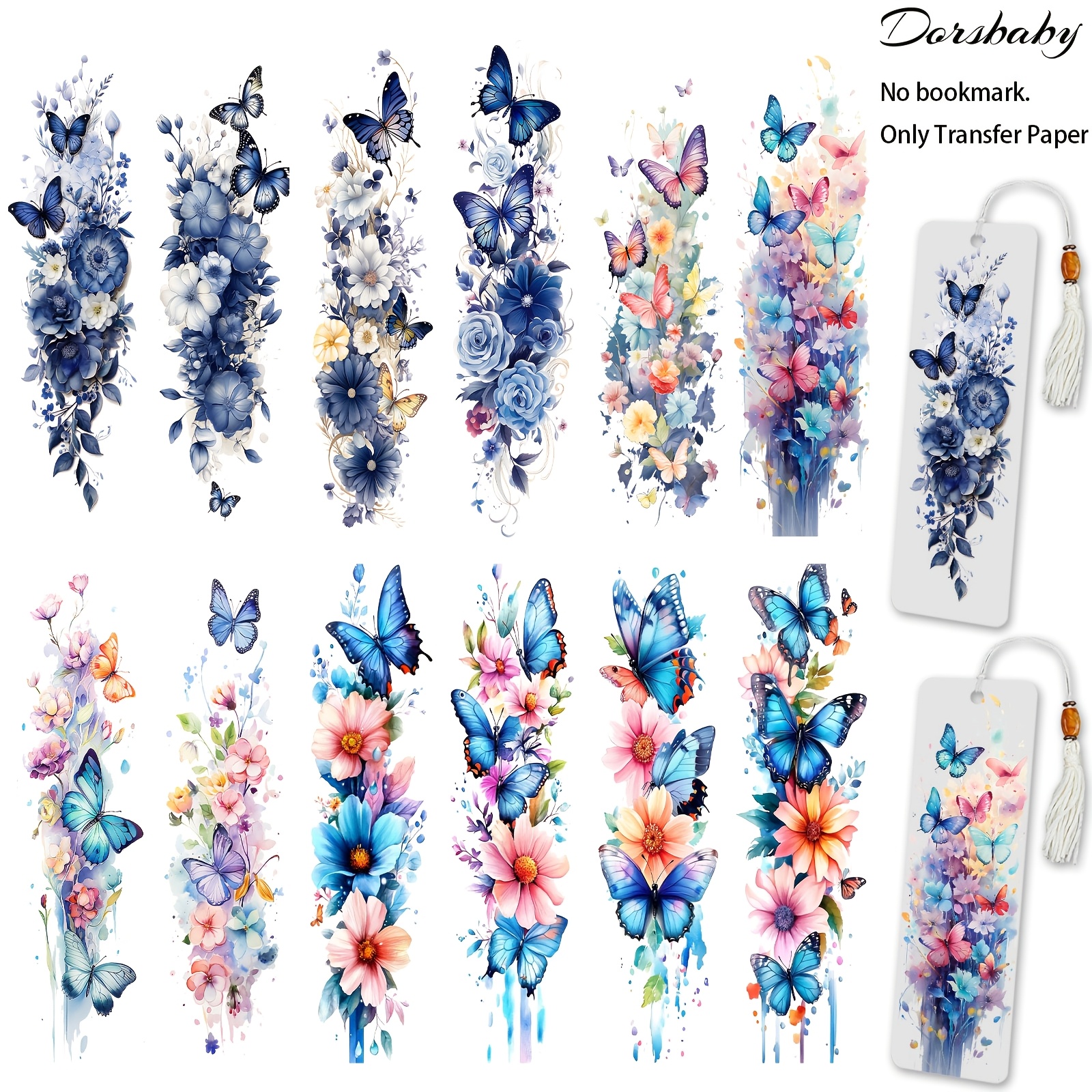 TEMU 24pcs/set Blue Bookmark Printable Transfers Rub On For Crafts Bookmark And Stationery, Uv Dtf Wraps For Furniture, Drawer Edges, Tablet And Desk