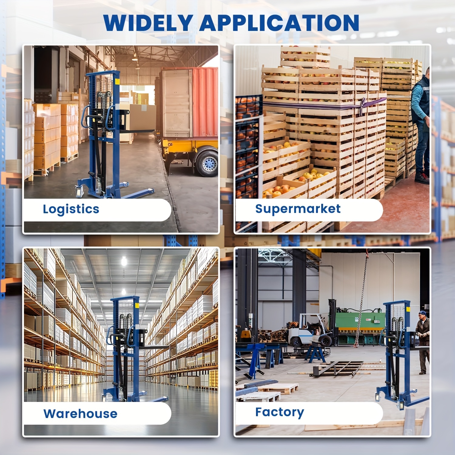 industrial heavy duty 2200lbs manual hydraulic pallet stacker adjustable lift height 3 78 63 fixed legs blue metal grid design adjustable forks for open   block pallets ideal for     industrial use Product details 3
