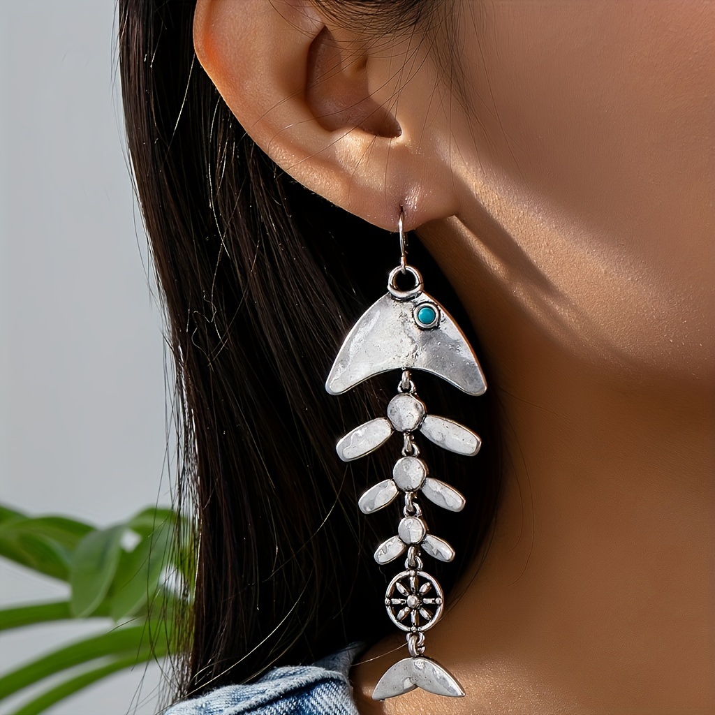 

Vintage Bohemian Style Zinc Alloy Fish Bone Drop Earrings With Turquoise Accents