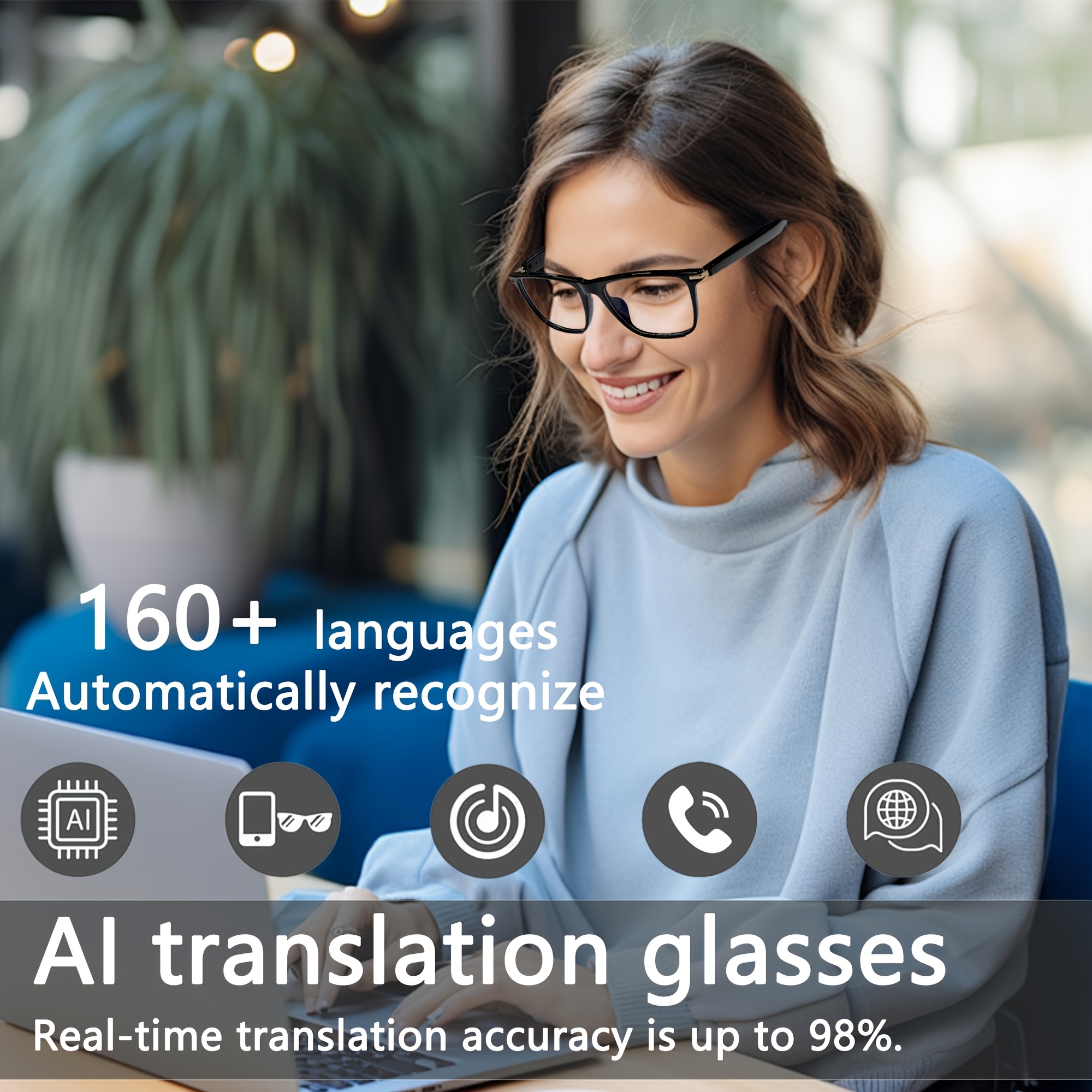 Ochelari inteligenți AI, Ochelari inteligenți cu suport pentru traducere în timp real în peste 100 de limbi, Sistem Chat GPT, PEJE Ochelari audio multifuncționali noi pentru bărbați și femei, cu microfon și difuzor încorporate, Apeluri vocale HD și calitate muzicală HIFI, Redare muzică și apeluri