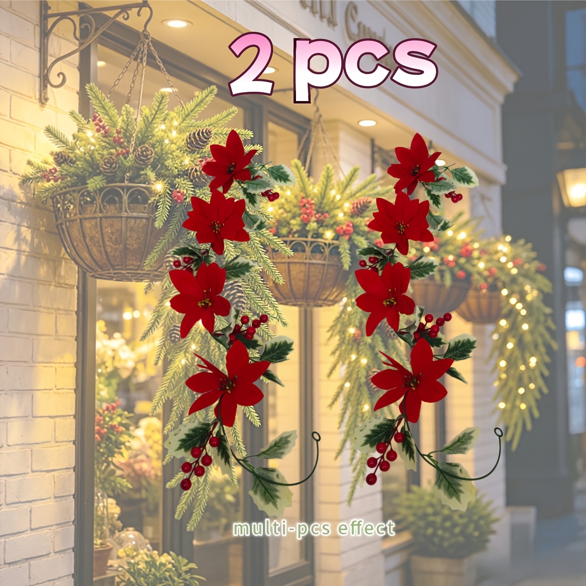 TEMU 2pcs 40.55-inch Christmas Simulation Beautiful Luxurious Grade 1 Wisteria Ropes With Red Berries And Flowers Grade 1 Wisteria Rope Decoration,