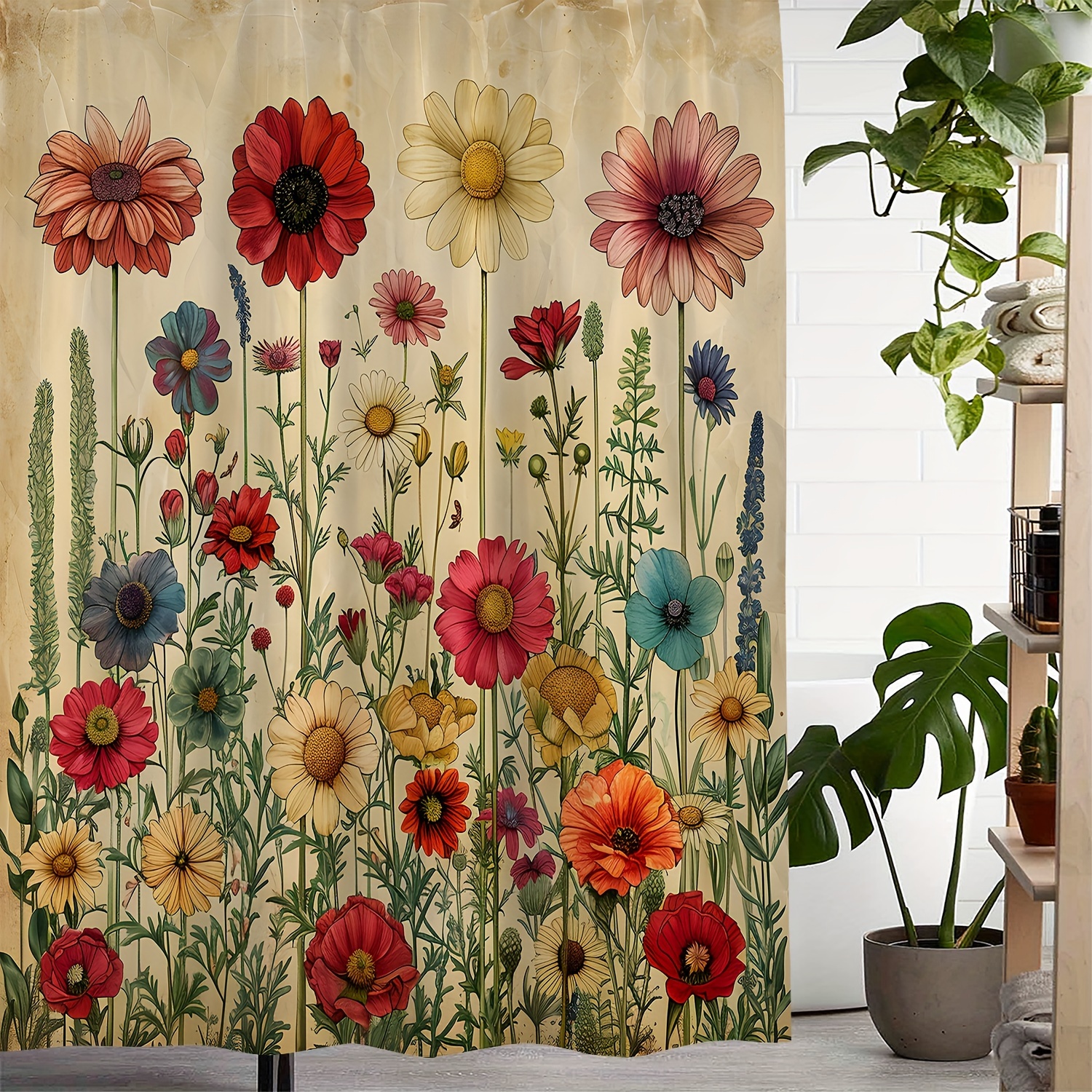 

Vintage Greenery Floral Print Waterproof Shower Curtain With 12 Hooks - Artistic, Machine Washable, Durable, And Water Resistant