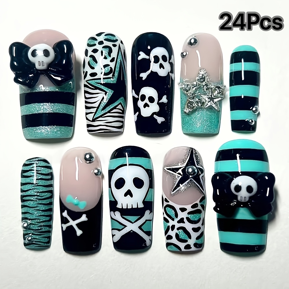 TEMU 24pcs Press On Nails Long Square Shape, Nude Black Fake Nail Tips, Star Zebra Leopard Stripe Print With 3d Bow Metal Bead Decor, Glossy Reusable
