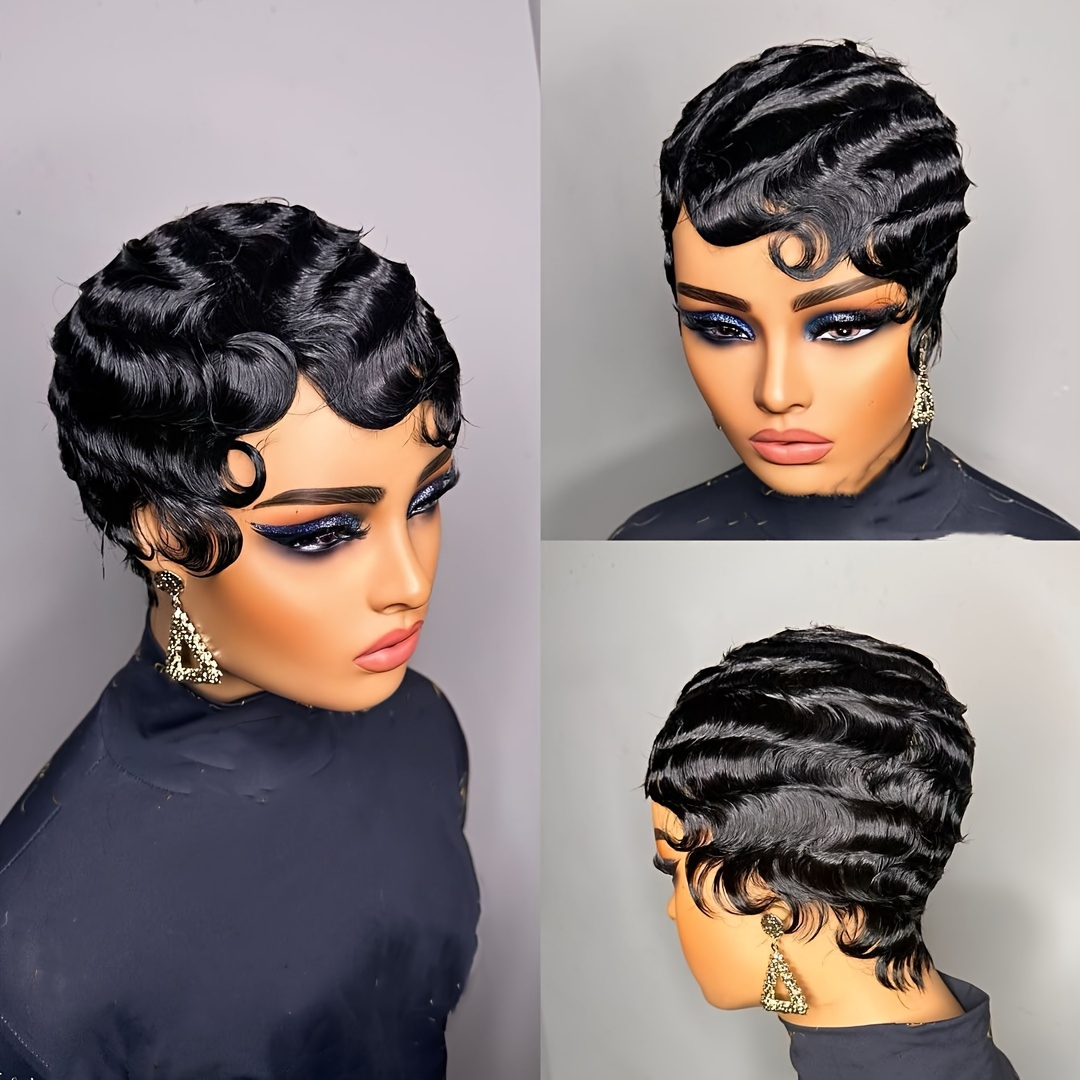 

[classic ] Elegant Short Curly Cut Wig For Women - 180% Density Human Hair, Non-lace Front, Finger Wave Style, Black, Shoulder-length Bob Texture, Cap, Or , Hair Wig