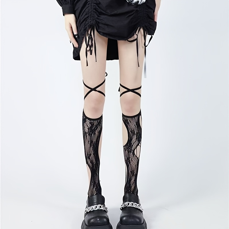 Image of 1 Pair Women' Lace Slouch Socks With Bow & Semi-sheer Cutout Calf Length - Thin Stockings, Festivals, Casual Attire, Hand Washable Spring Summer Legwear