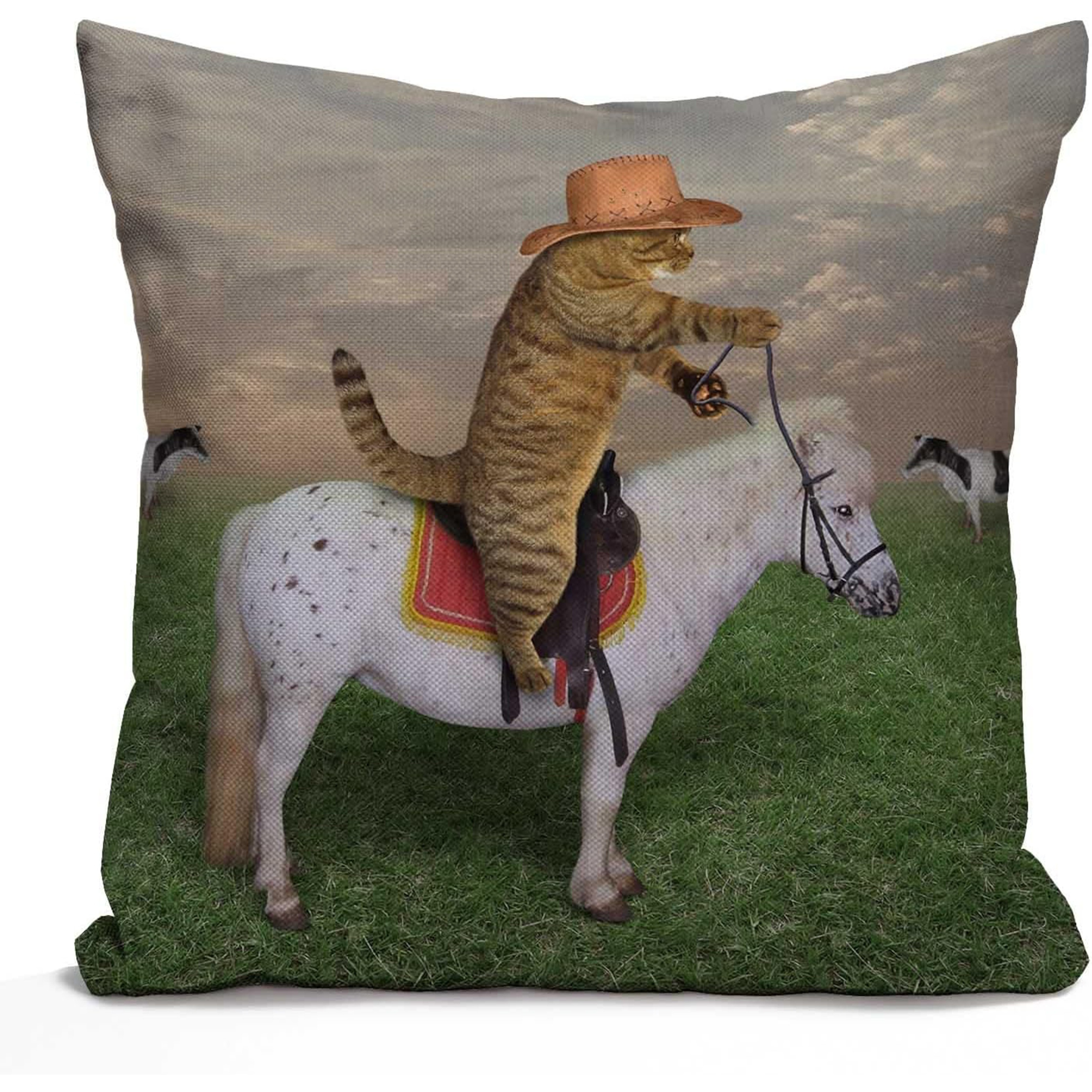 

Cowboy Cat Decorative Pillow Cover, Contemporary Style Linen With Zipper Closure, Machine Washable, Square Throw Pillowcase For Home And Couch Decor, Woven Fabric - 1pc