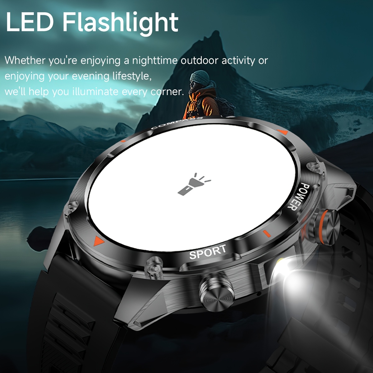 Men's Sports Smartwatch with LED Flashlight & Multiple Watch Faces