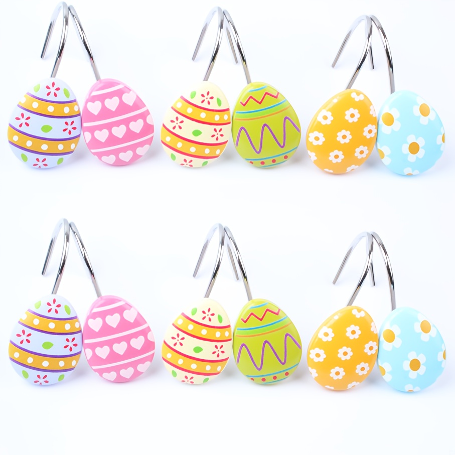 

12pcs Easter Curtain Hooks - Resin & Metal Bathroom Decor With Floral, Heart, And Striped Patterns For Home Accessories