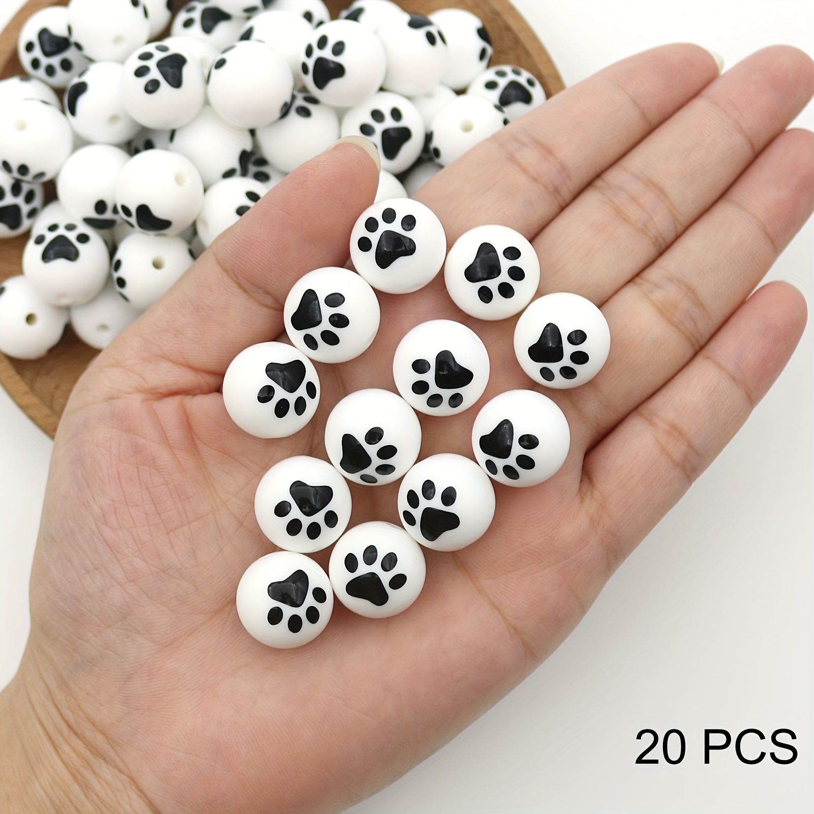 Image of 20pcs Silicone Printed Beads With Cat And Dog Paw Patterns, Cream/white Beads Soft Durable Silicone For Pens Jewelry Making, Handmade Crafts, Lanyards And Pet Enthusiasts