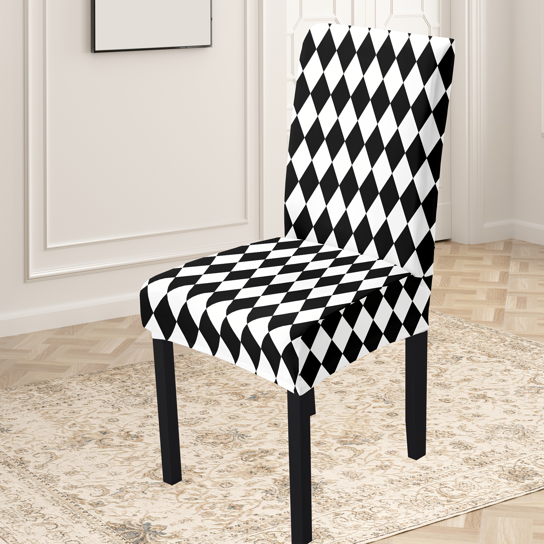 

4/6pcs Classic Black And White Rhombus Geometric Pattern Chair Covers, High-elastic Washable Fabric, Dust-resistant, Stretch Fit For Home Decor Dining Chair Slipcovers