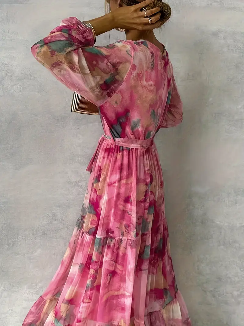 womens elegant floral print maxi dress a line formal casual gown pink machine washable non stretchy fabric for parties office casual attire womens clothing silhouette quality stitching vneckline dress party Product details 3