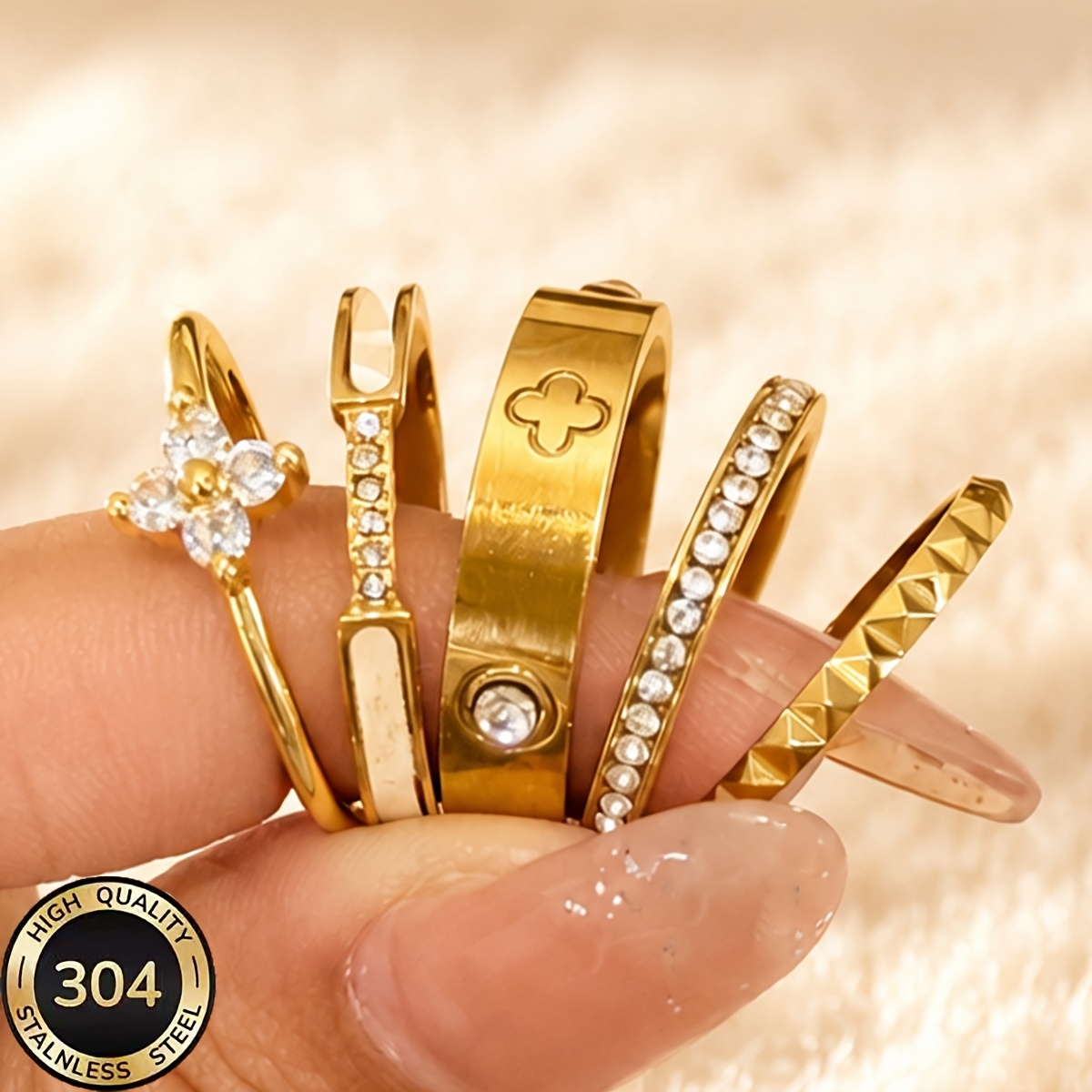 TEMU 5pcs 18k Gold-plated Stackable Women's Rings, Matte 304 Stainless Steel Hypoallergenic Waterproof Set, Pyramid Texture Thin Band Ring Set,