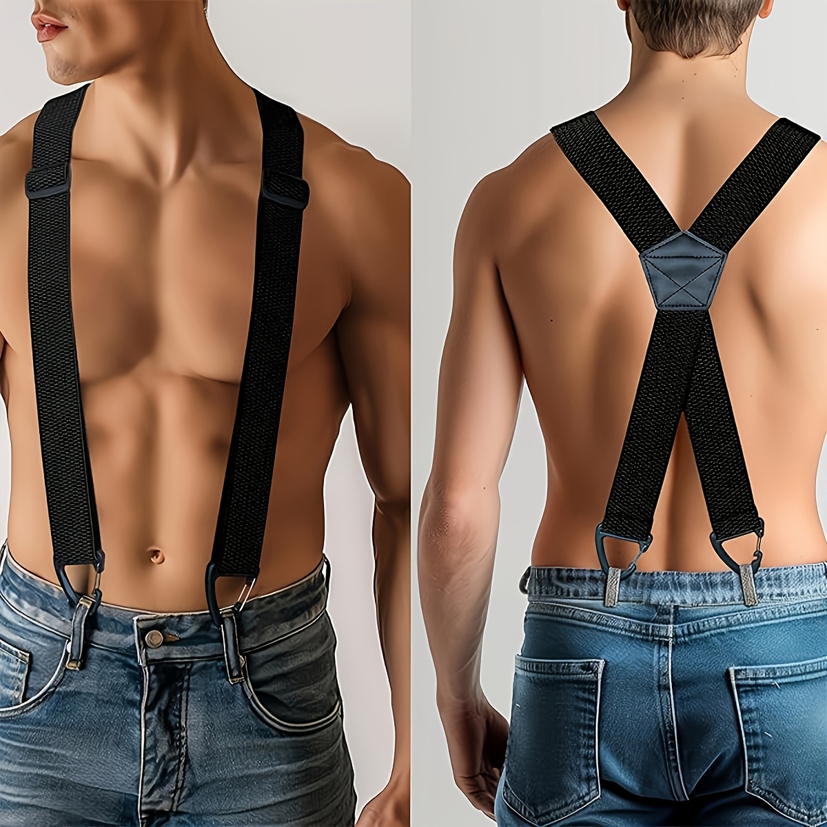 TEMU Men's 1.5 Inch Square Cross Adjustable Hiking Suspender - Black Elastic Outdoor Bib Strap With , Durable And Comfortable, Suitable For Hiking,