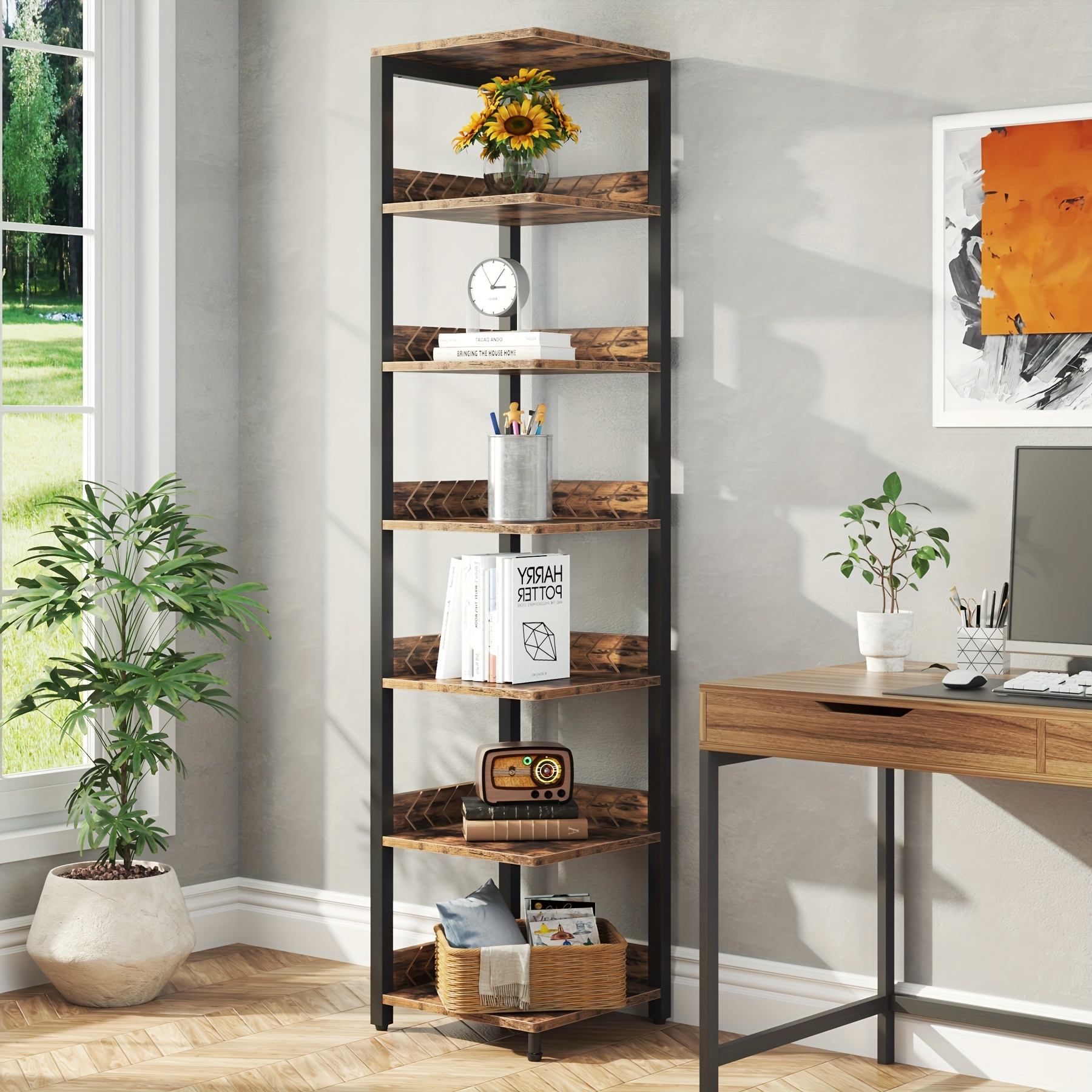 Wood Bookcase 5-Tier Open Shelf Tall Narrow Bookshelf good for Small Spaces