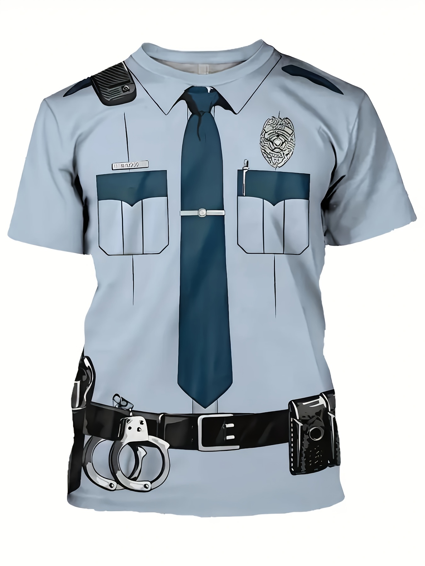 *'s Police-Themed T-Shirt with Realistic Police Badge ID Holder Print  100% Polyester Casual Short Sleeve Shirt, Round Neck Costume for Role-Play