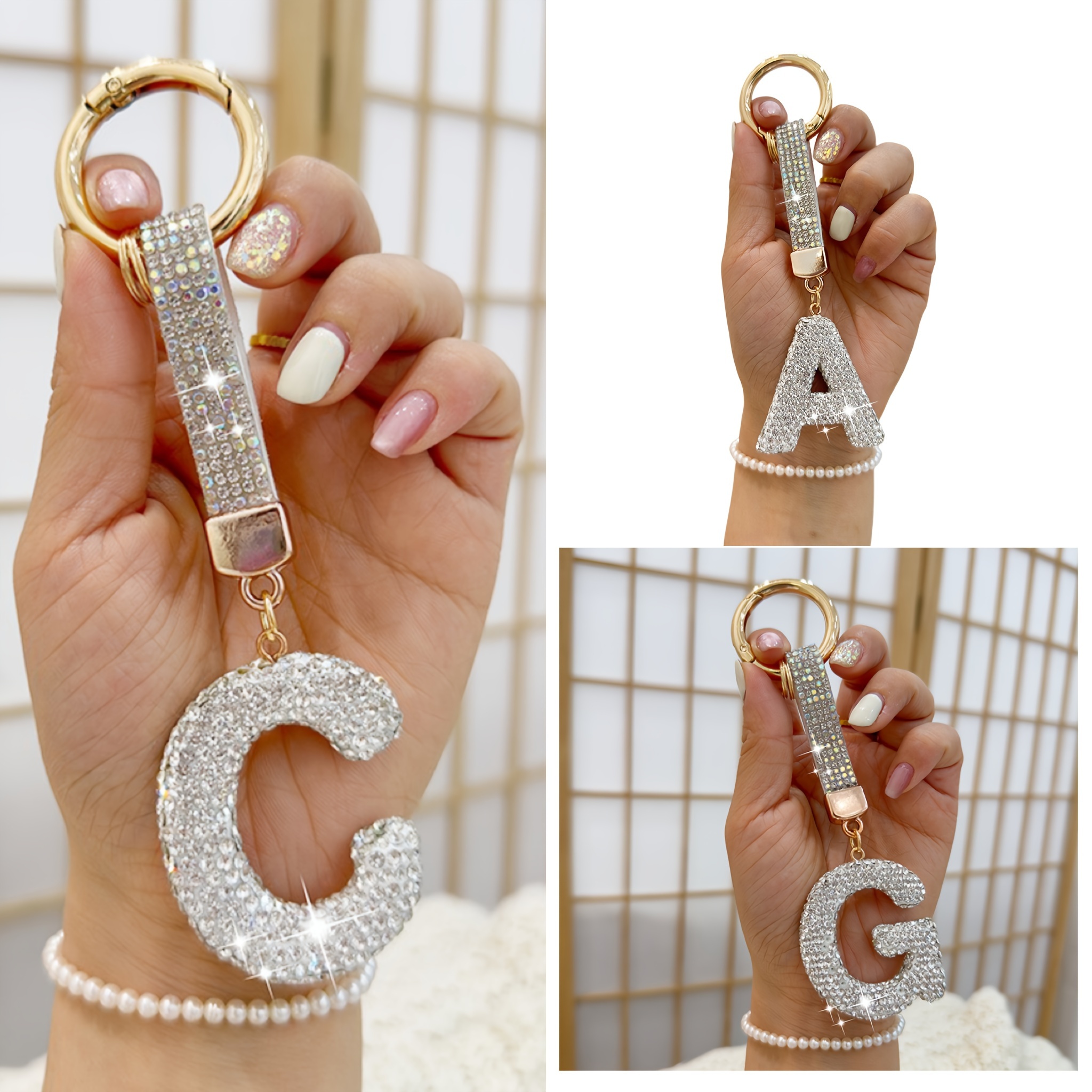 

1pc Porte-clés Alphabet en Strass - Charme de Lettre en Cristal Éblouissant avec Accents de Fausse Perle, Anneau de Clé en Doré pour - Cadeau d'Anniversaire Idéal