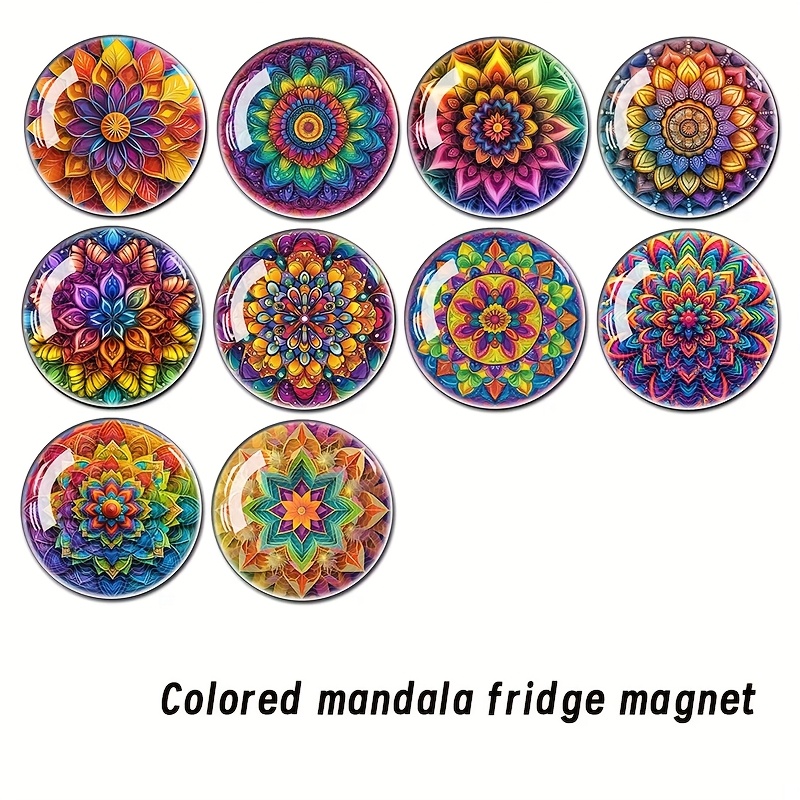 TEMU 10 stuks Kleurrijke Mandala Midden- 3D Dimensionale Tijd Edelsteen Glas Koelkaststickers, Glazen Koepel Whiteboard Kastje en Vaatwasser