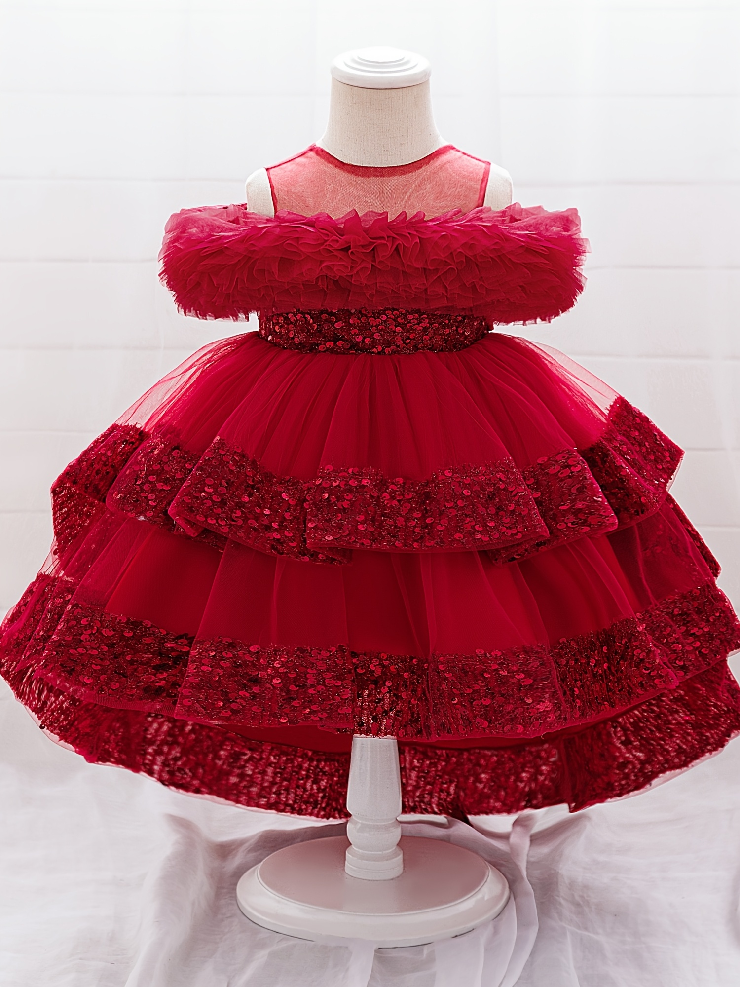 open lace back dress Girl Christmas Dress Baby Girl Dress Toddler Prom Summer Red Star Puff Sleeve Bow Princess Party Dress, Red / 2-3 Years (100cm) main image 0