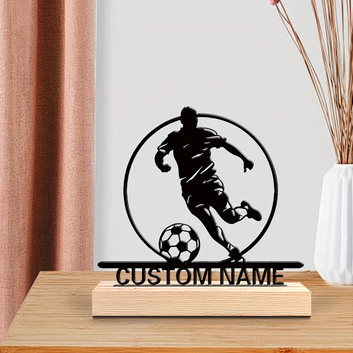 TEMU 1pc Personalized Soccer Player Metal Statue - Custom Name, Dynamic Soccer Pose With Ball Decoration - Elegant Wooden Base Tabletop Ornament -