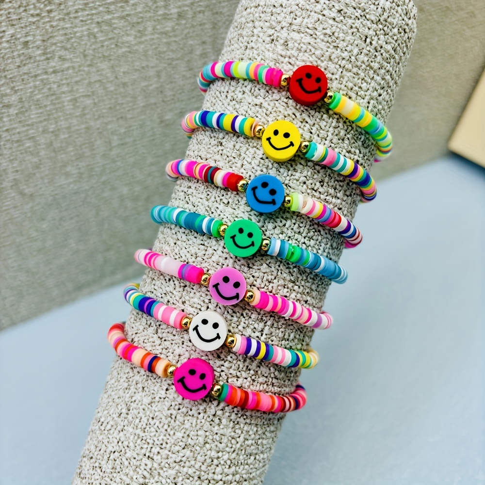 

7-pack Smile Face Beaded Bracelets, Elastic Wristbands, Colorful Clay Cartoon Patterns, Hip-hop Style, Mixed Colors, Stretchy Friendship Bracelets For All Gender