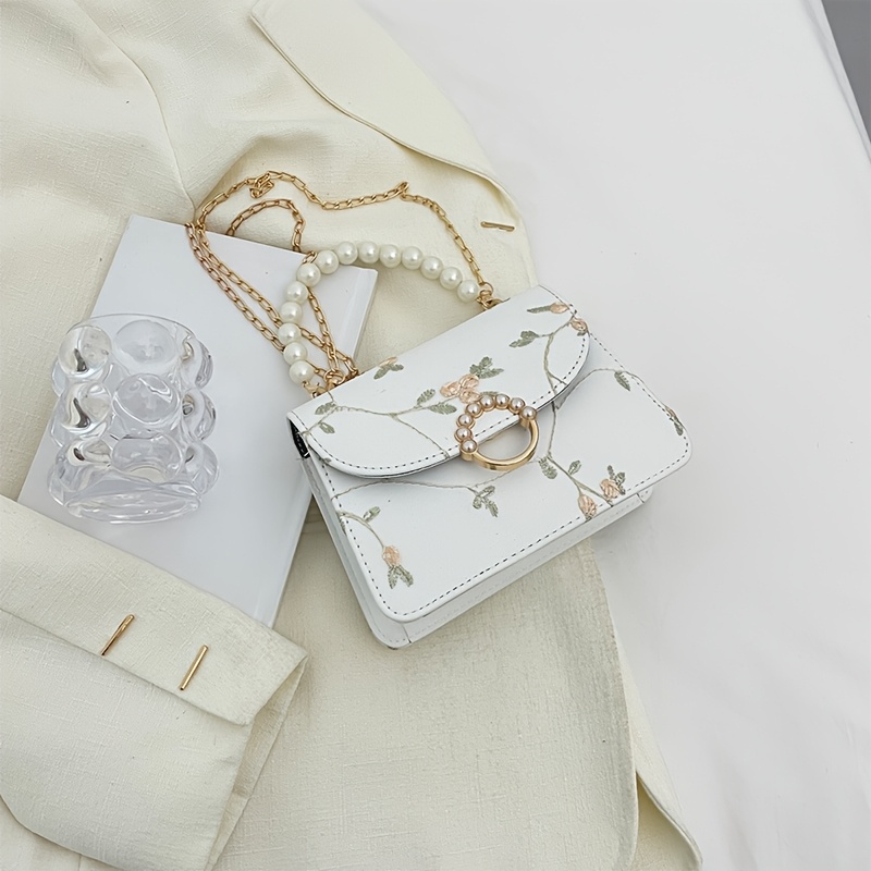 TEMU Elegant White Mini Square Bag With & Rhinestone Chain Strap, Floral Embroidery, Golden-tone Hardware - Parties, Weddings, & Dinners, Novelty Purse
