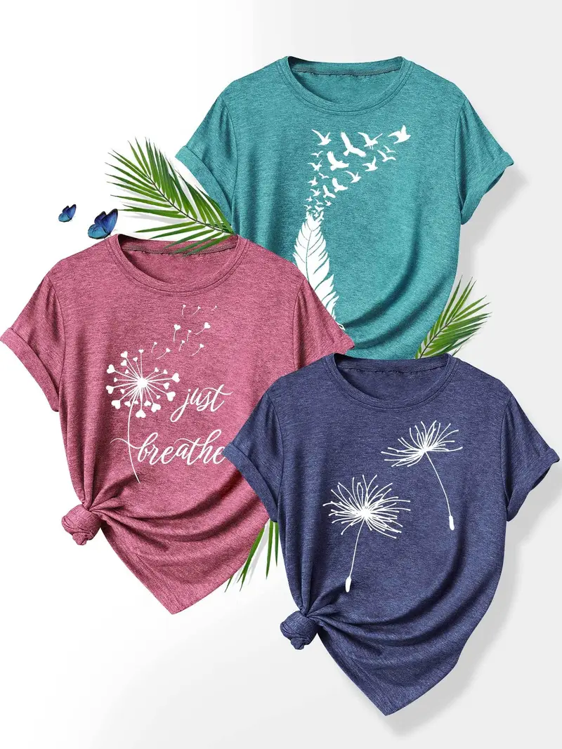 3pcs set floral print t shirts for women dandelion rose and casual summer short sleeve crew neck tees soft polyester blend sizes s xxl casual attire casual summer wear floral print stretchy fabric Product details 10