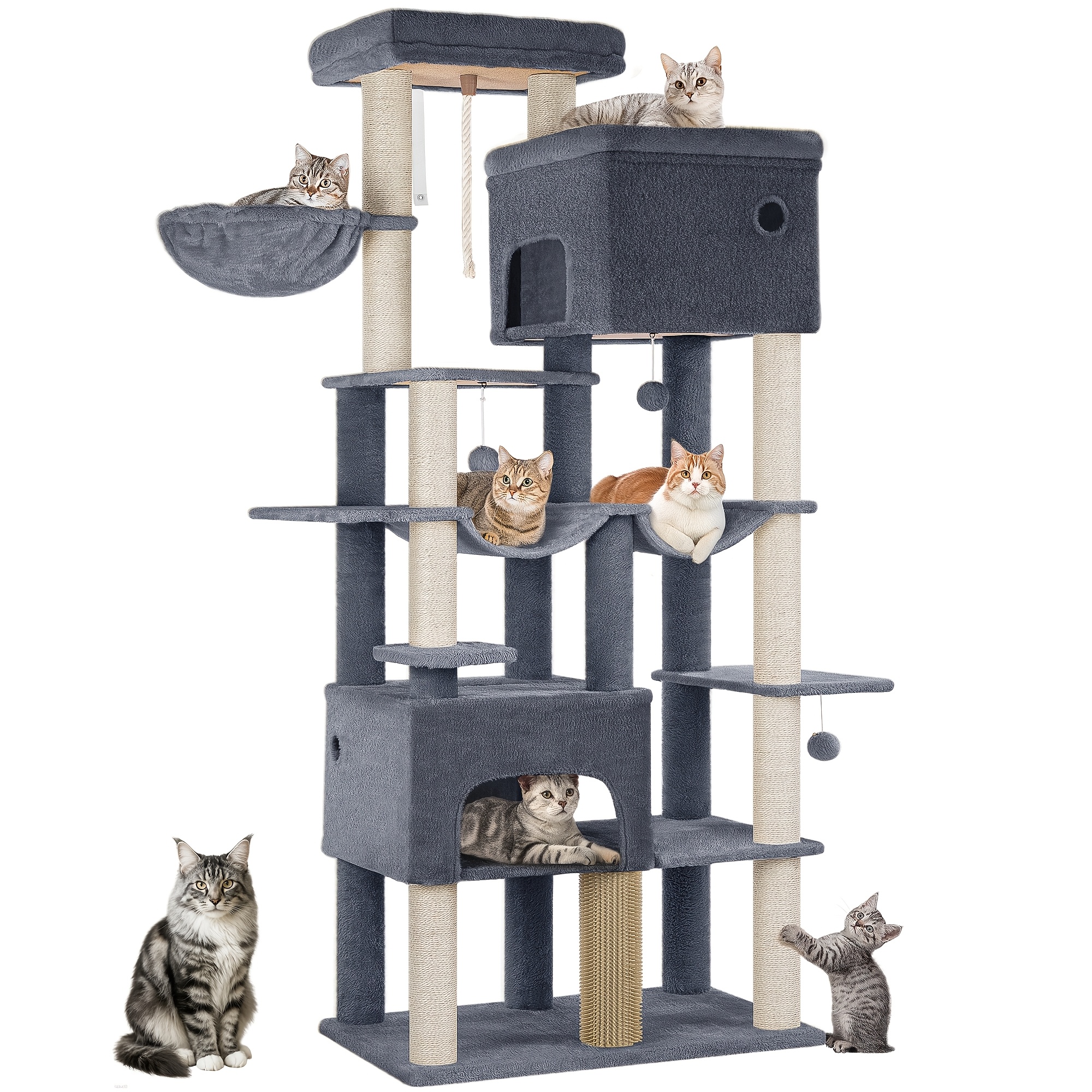 E-shop Kratzbaum für Katzen 200cm XXL, inklusive 10 Kratzpfosten, 2 Katzenbetten, 2 Hängematten, große Plattform, Katzenbürste, Korb, robustes
