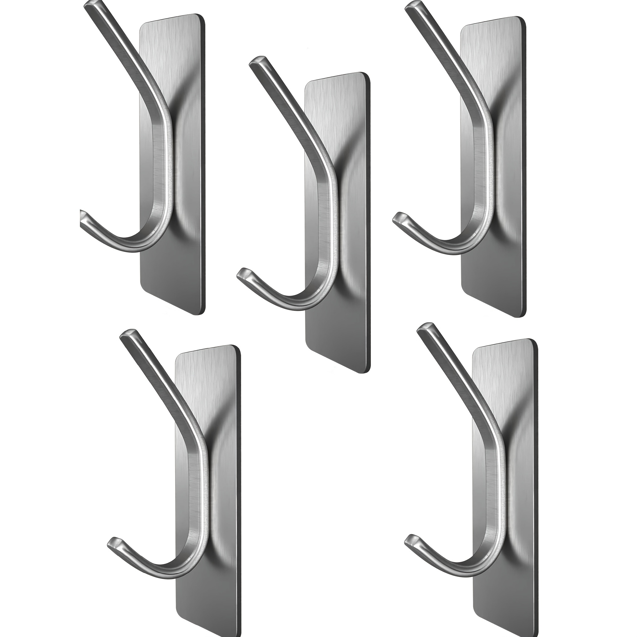5pcs Heavy Duty Self Adhesive Hooks Stainless Steel Wall Mounted Hooks Dual Hook Design Coat Hook For Bathroom Kitchen