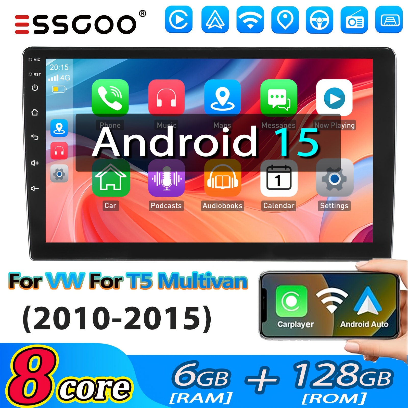 Image of Essgoo 15 Car Stereo For Vw T5 (2010-2015), 9 Inch Touchscreen 6gb+128gb, 8 Core & Auto, Can-bus & Steering Wheel Control, Fm Am Radio Car Accessories Fans Cooling Function