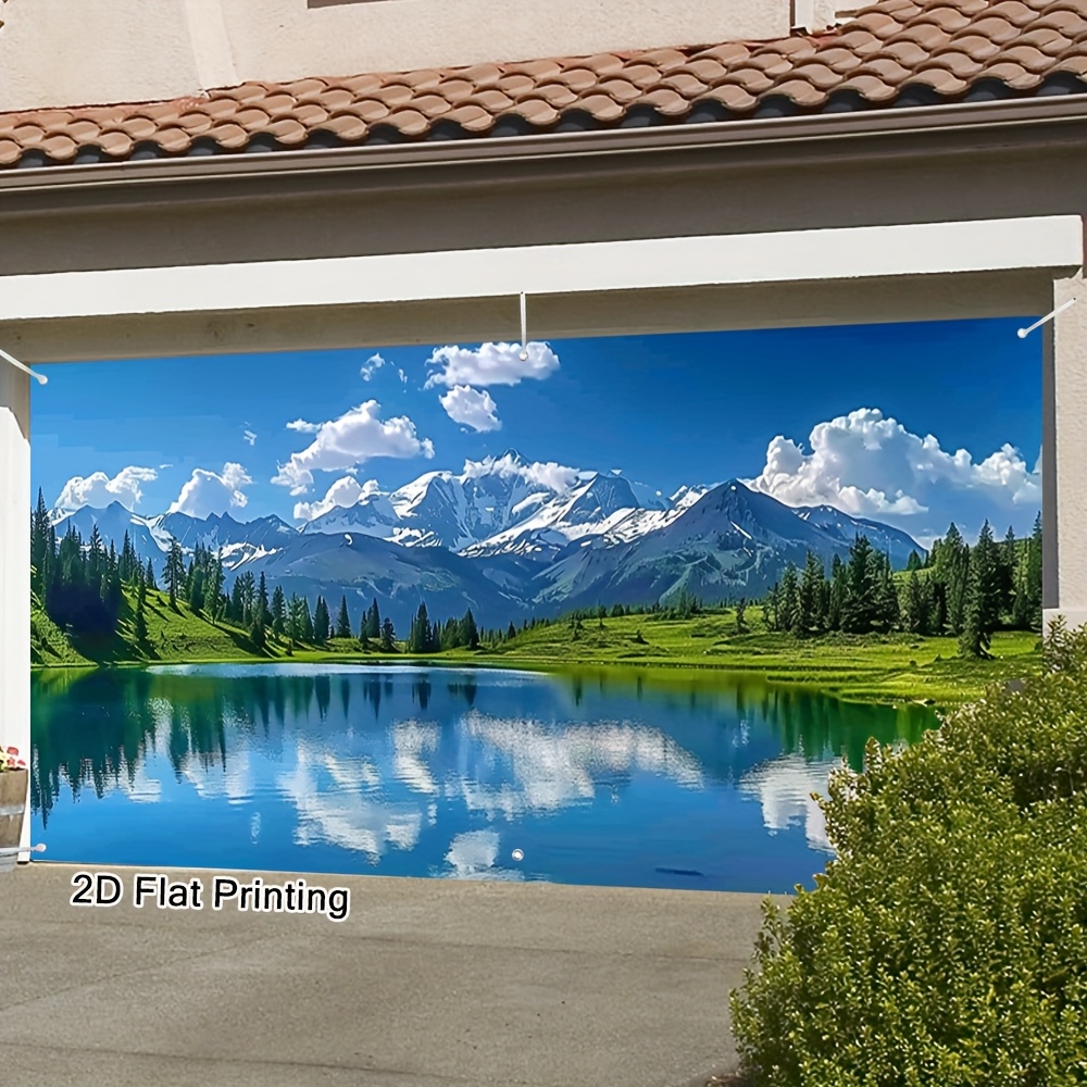 1pc Elegant Mountain and Lake Landscape Garage Door Cover - 2D Flat Printing, Easy to Hang Outdoor Banner for All Seasons, Festive Decor for Home, Garden, or Themed Events, Outdoor Decor