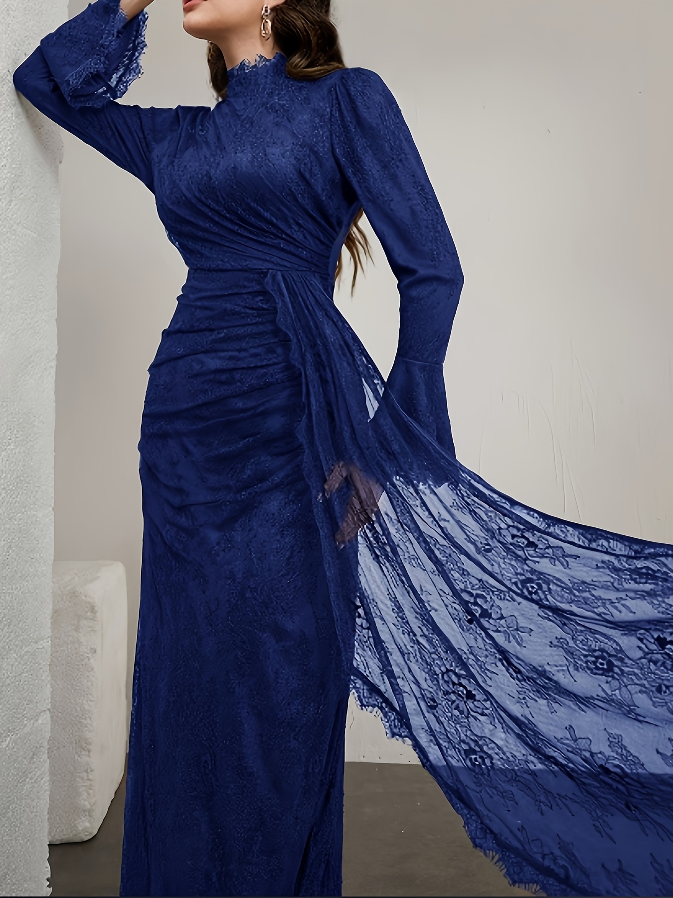 elegant long sleeve lace dress with ruffle neckline and belted waist stand collar long length suitable for     Product details 14