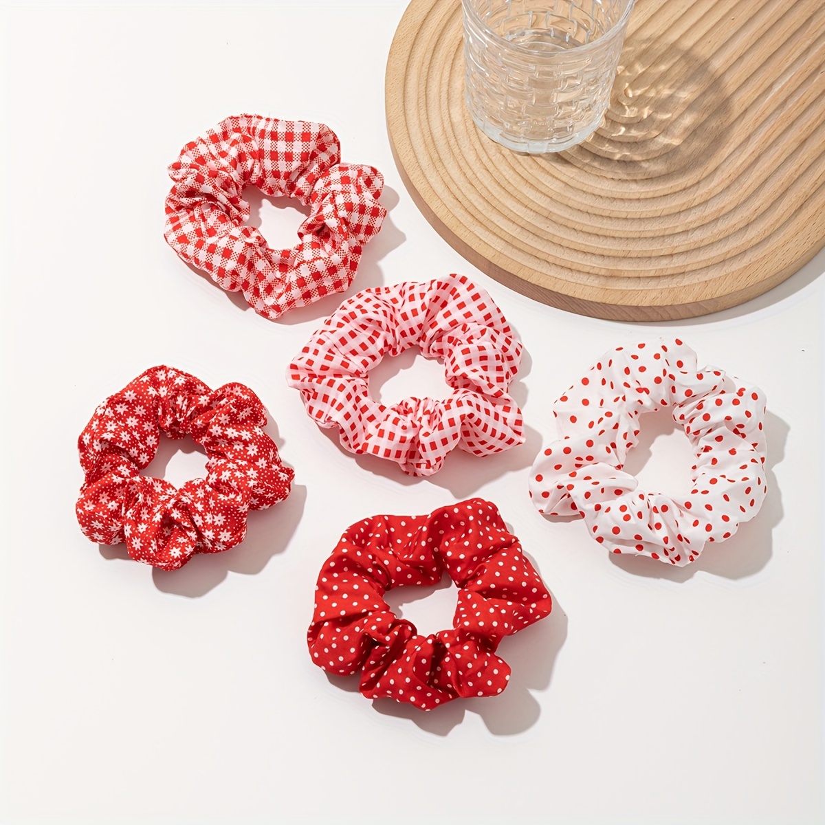 

5pcs Red Fabric Hair Scrunchies Set - Cute Minimalist Style With Printed Design, Comfortable Hair Ties For Ponytails, Suitable For Ages 14+