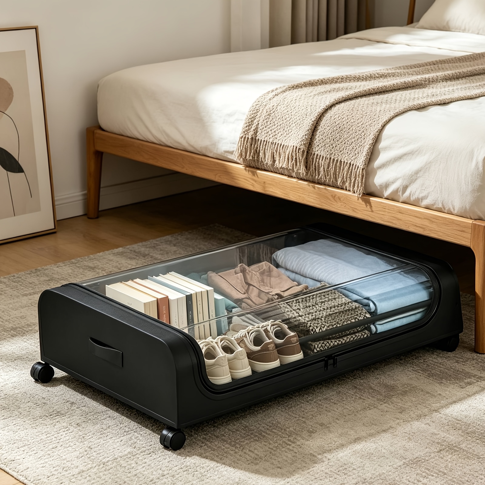 TEMU Underbed Storage Box Underbed Chest Of Drawers With Wheels Lid Metal Frame Bed Box Organizer Storage Bag Foldable Underbed Box For Clothes Shoes