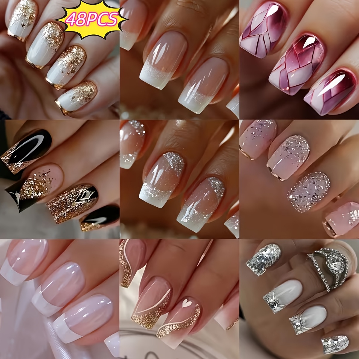 TEMU 48/72pcs Square Flash Series Random Nail Tips, Fashionable Easy False Nails, Suitable For Women And On Holidays, Parties, Daily Wear, Easy To,