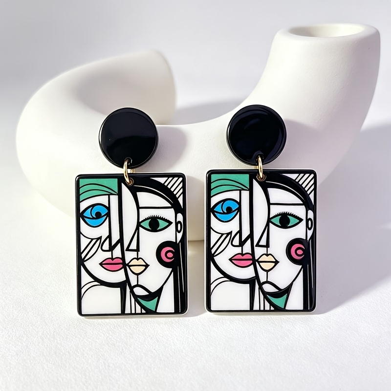 TEMU 1 Pair Picasso Abstract Couple Vibrant Cubist Face- Women' Earrings, Elegant Fashionable Cute Daily Gift Vacation Party