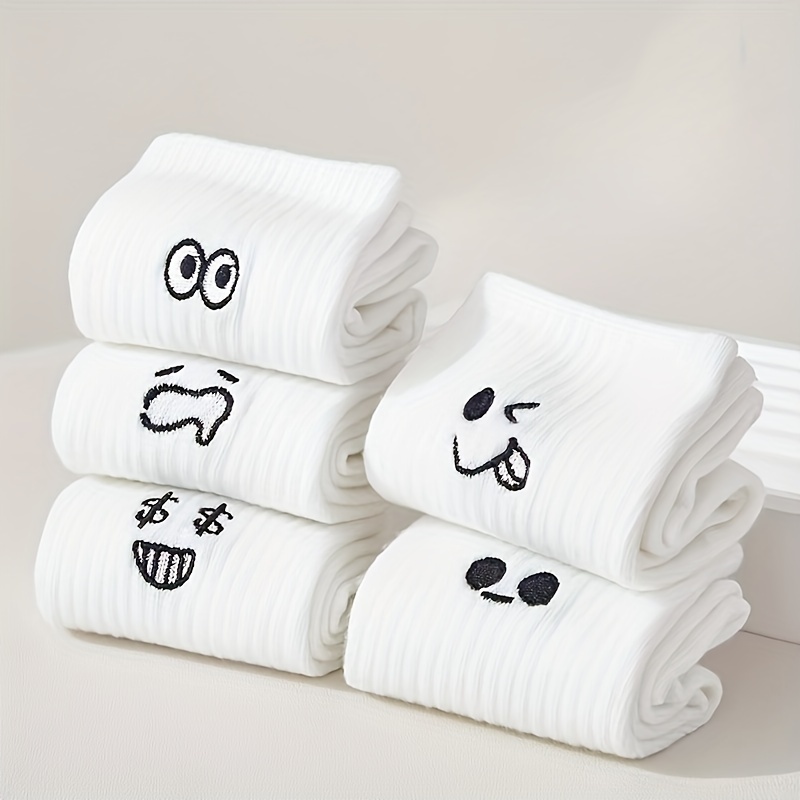

5 Pairs Cartoon Expression Socks, Cute & Warm Mid Tube Socks For Fall & Winter, Women's Stockings & Hosiery