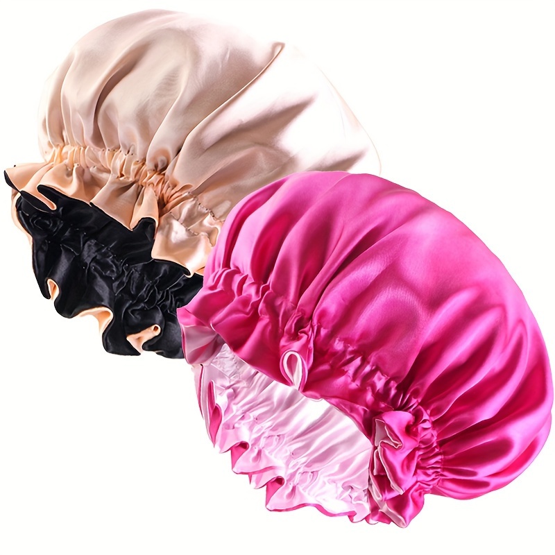 2-pack Wood Ear Lace Trim Satin Double-layer Sleeping Cap Bathing Cap African Style Contrast Headscarf Hat Beauty Care Cap