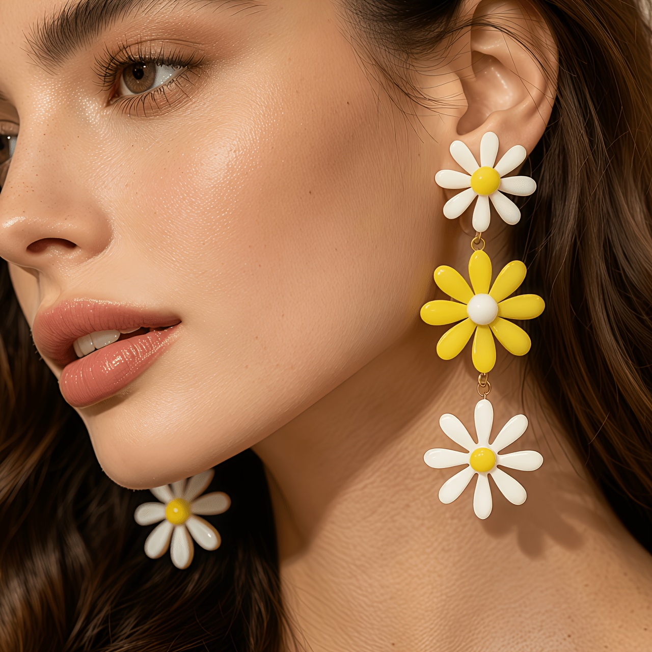TEMU 1 Paire de Boucles d'Oreilles Bohèmes à Marguerites Plaquées Multicouches - Boucles d'Oreilles Pendantes Superposées Adaptées , aux Fêtes, aux