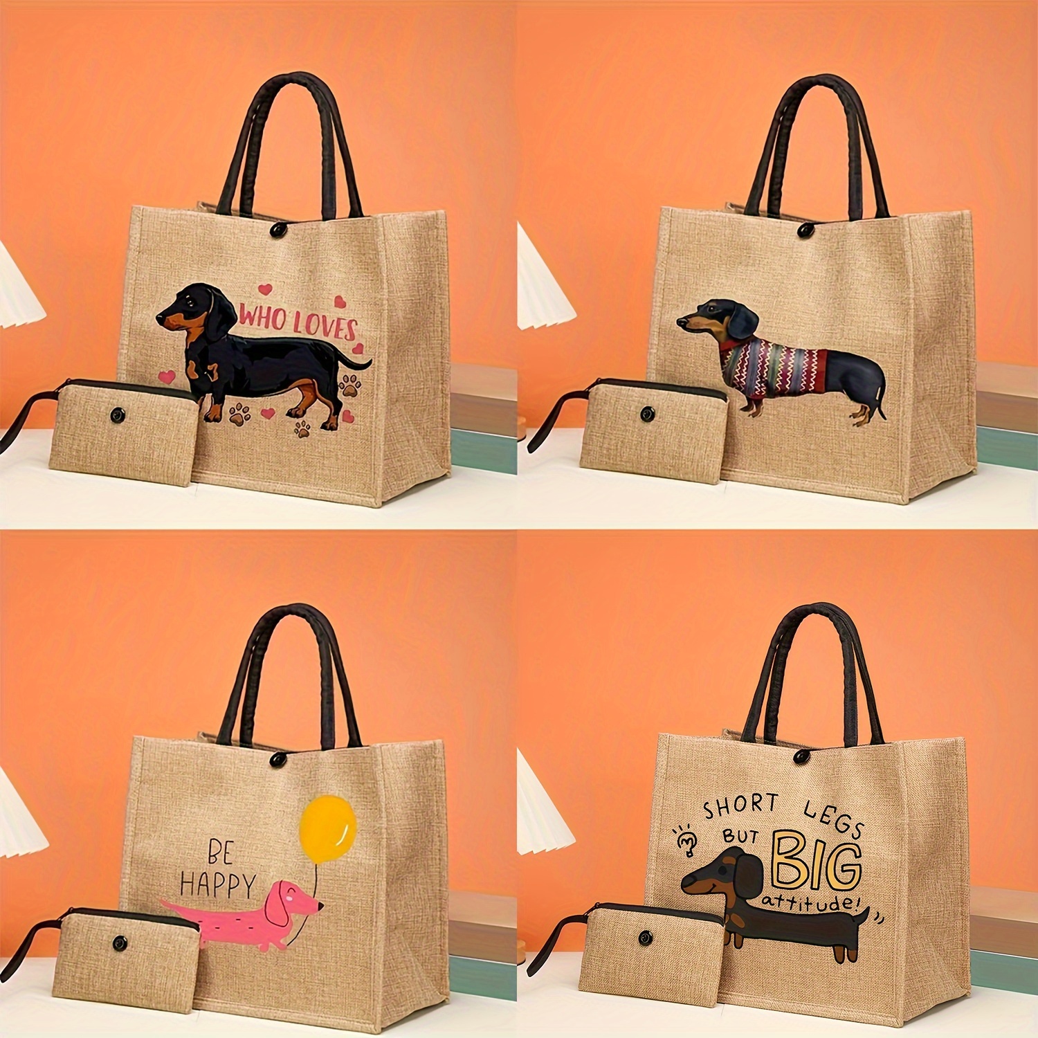 

2pcs Burlap Tote Bag Set, Cute Dachshund Dog Print Handbag, Lightweight Shopping Bag With Mini Coin Purse