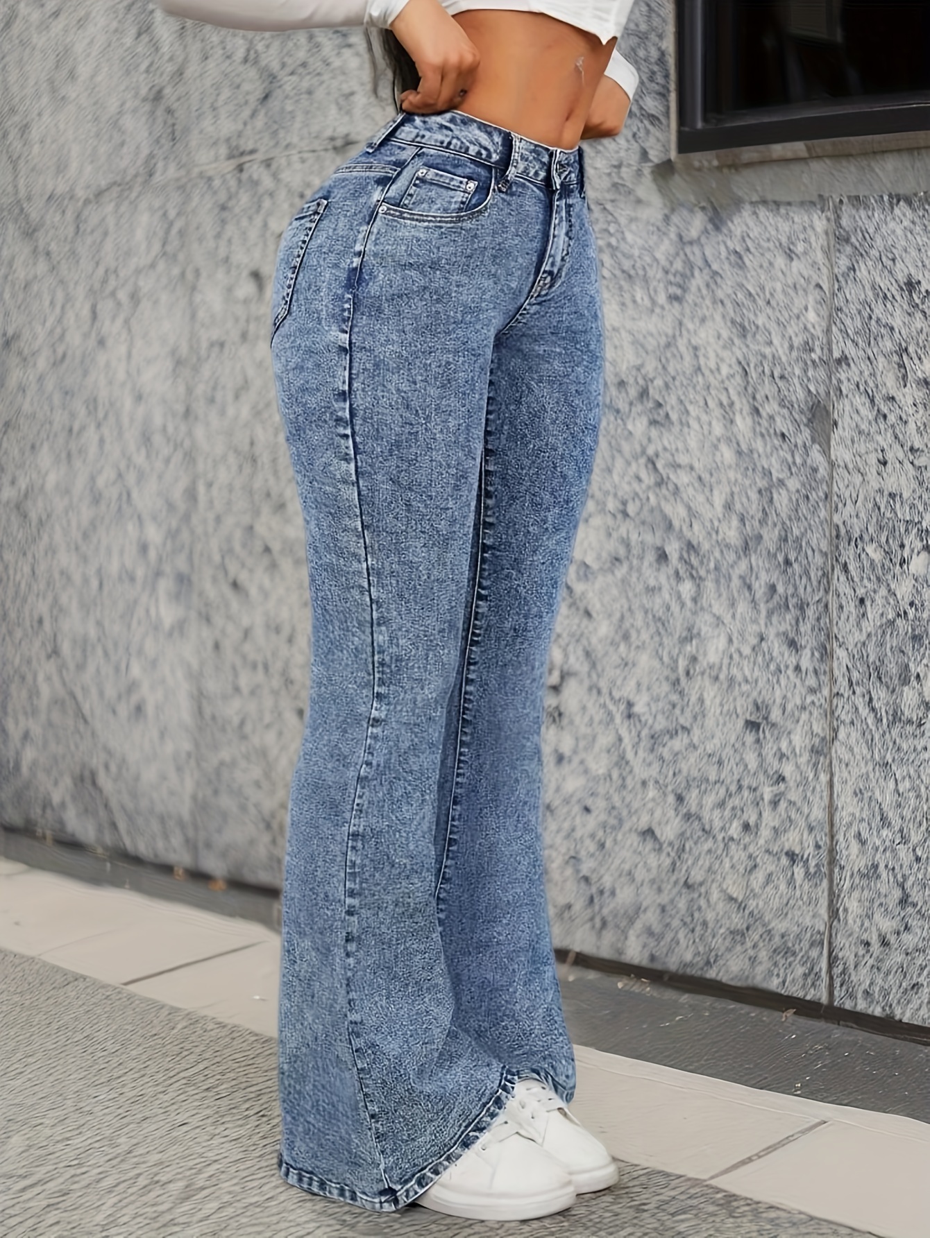 Plain Bootcut Washed Blue Casual Style Zipper Button Closure Denim Pants, Women's Denim Jeans & Clothing