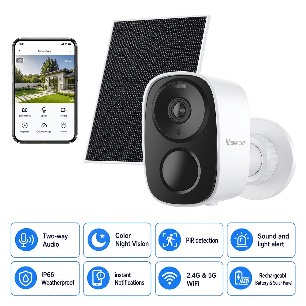 TEMU Wireless Security Camera With Solar Panel, Ai Human Detection, 2-way Audio, Color Night Vision, Tf Card & Cloud Storage, Indoor/outdoor