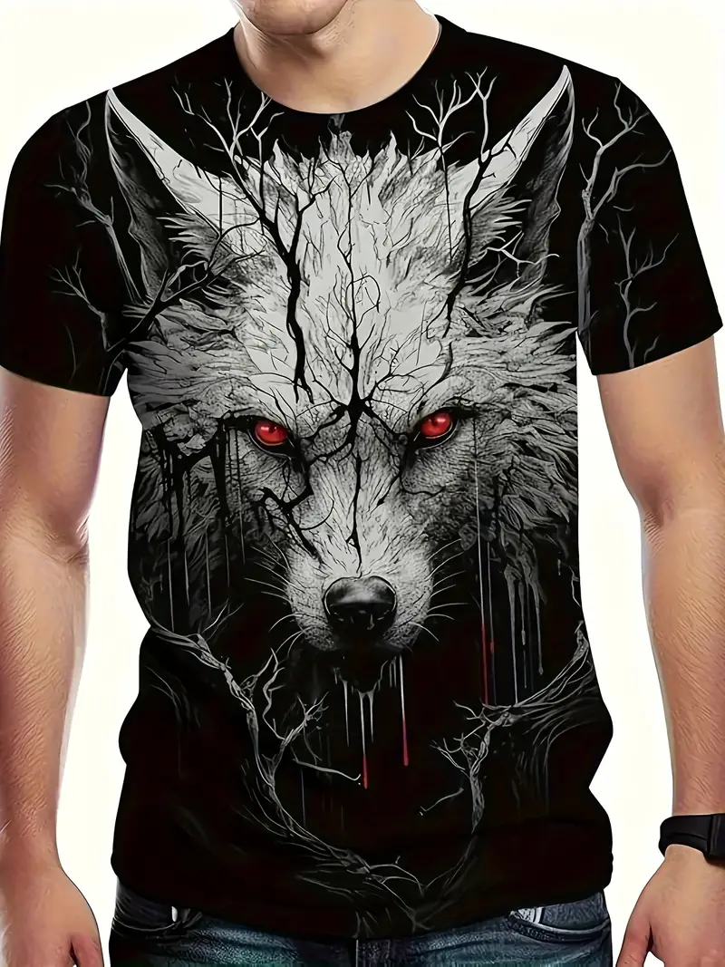 Men's 3d Wolf Print T-shirt, Casual Breathable Fabric Graphic Tee ...