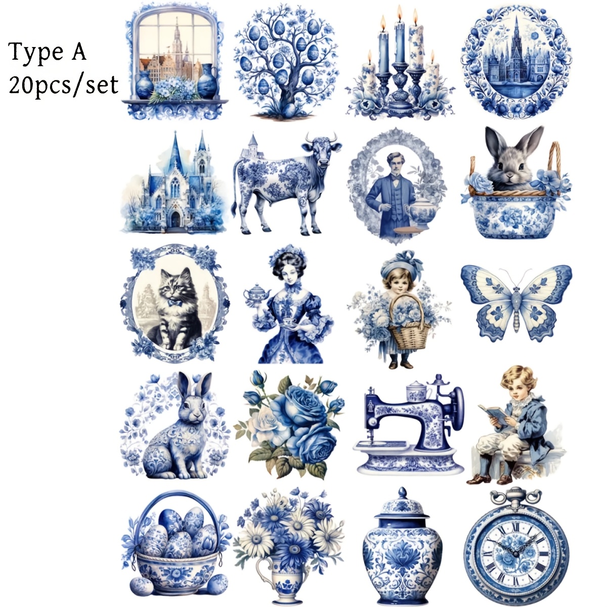TEMU 20pcs Handmade Vintage Chinese Blue And White Porcelain Rabbit & Easter Egg Waterproof Transfer Suitable For Journals, Scrapbooking, Diy Crafts,