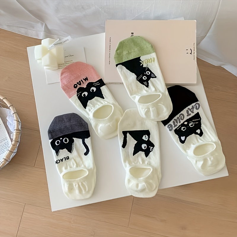 E-shop Fünf Paar Frühlings-/Sommer-Unsichtbare Socken mit Niedlichen Cartoon-Katzenmotiven für Damen, Rutschfeste Haltbare Bootsocken